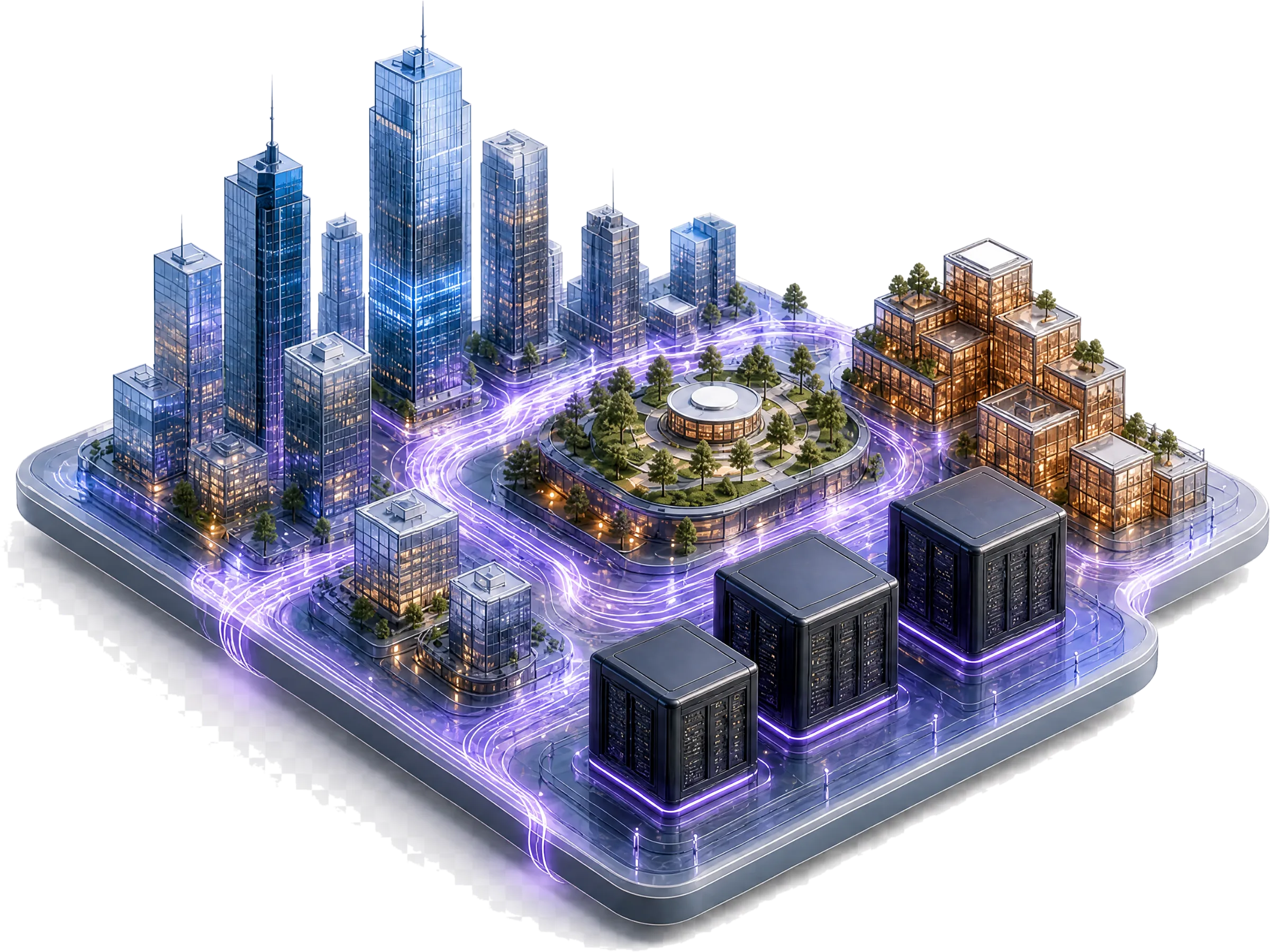 Изометрический город Just AI: кварталы Agent Platform, линейки Jay, знаний и сообщества, соединённые световыми потоками
